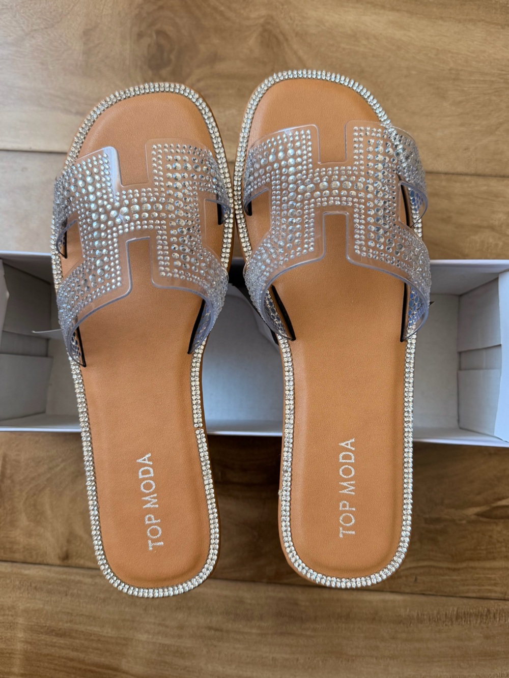 Top Moda Women’s Raven Slide Rhinestone Sandals | Silver/ Clear